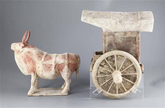 A large Chinese polychrome painted pottery model of an ox and cart, Northern Qi dynasty (549-577AD), approx length 55cm, height 34cm, m
